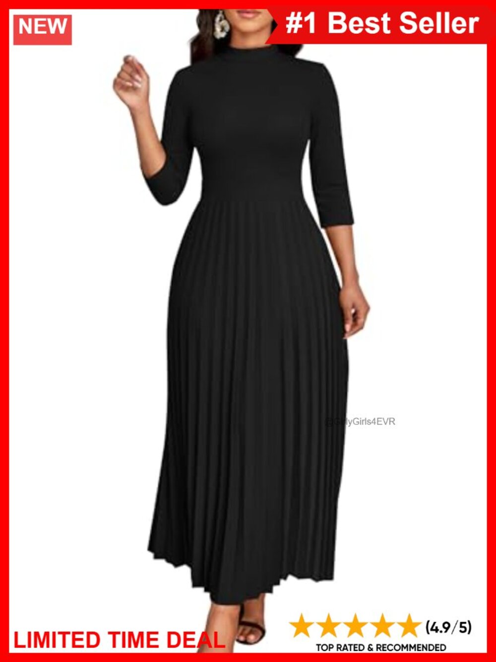 Pleated Mock Neck 3/4 Sleeve Maxi Dress with Pockets Casual Fit & Flare